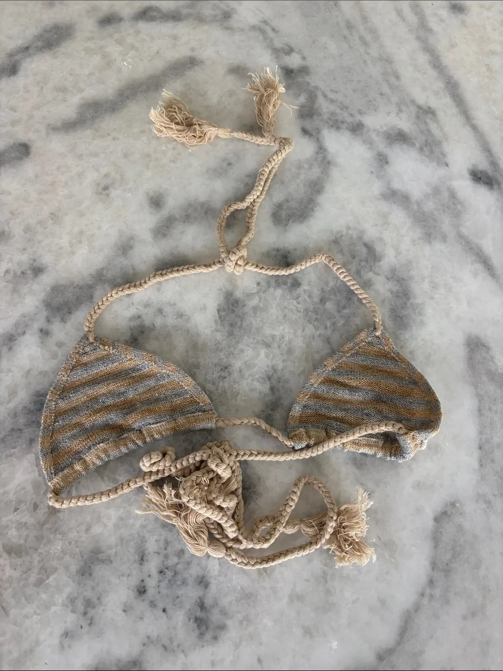 Handmade Beaded Shell Crochet Bikini Top - Beige